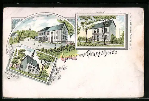 Lithographie Tönnisheide, Gartenwirtschaft Theodor Morschel, Postamt, Kirche
