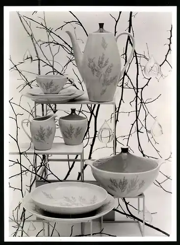 Fotografie Willi Moegle, Oberaichen, Porzellanservice mit Pflanzendekor, schön arrangiert mit Zweigen