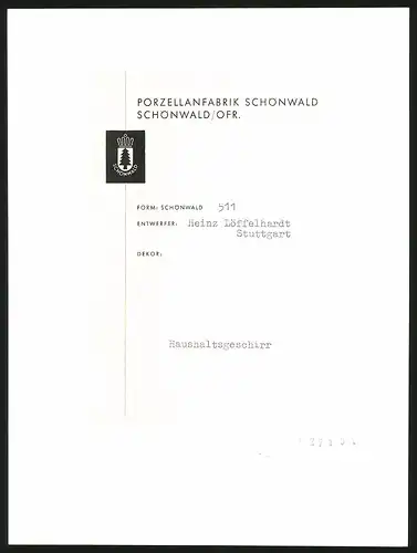 Fotografie Willi Moegle, Stuttgart, Haushaltsgeschirr der Porzellanfabrik Schönwald, Form 511, Entwurf Heinz Löffelhardt