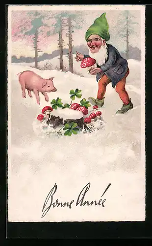 AK Zwerg mit Fliegenpilzen und Glücksschwein im Schnee