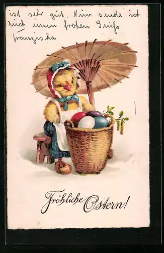 AK Osterküken mit Schirm und Korb voller Ostereiern