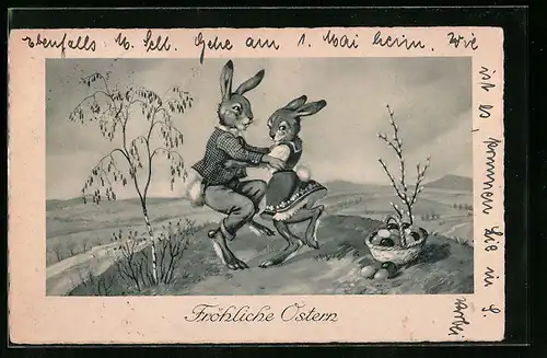 AK Osterhasen tanzen zu Ostern, Fröhliche Ostern