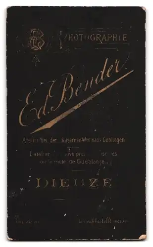 Fotografie Ed. Bender, Dieuze, Kasernen-Weg, Uniformierter Soldat des Musikcorps mit Schwalbennestern, IR 136