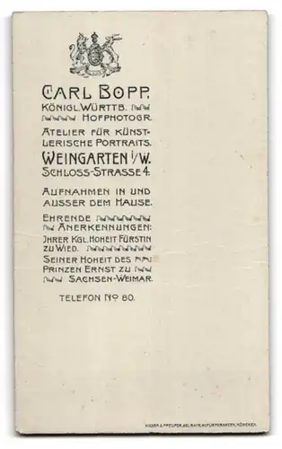 Fotografie Carl Bopp, Weingarten i. W., Schloss-Strasse 4, Uniformierter Soldat mit Schirmmütze