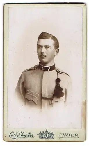 Fotografie Carl Schneider, Wien, Neubaugasse 29, Österr. Soldat in Uniform mit Trillerpfeife