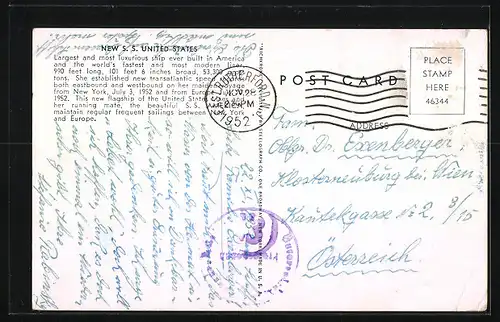 Künstler-AK Passagierschiff SS United States in voller Fahrt