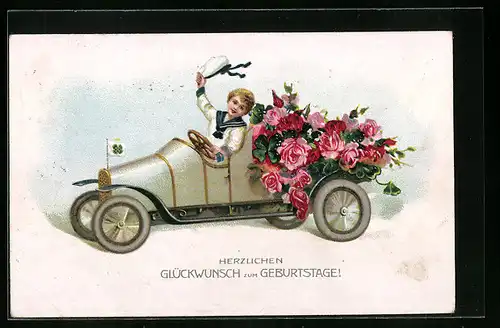 Künstler-AK Kleiner Matrose im Blumen verzierten Auto