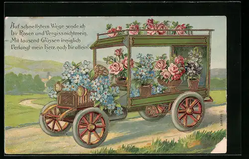Präge-AK Geschmückter Blumen-Lastkraftwagen