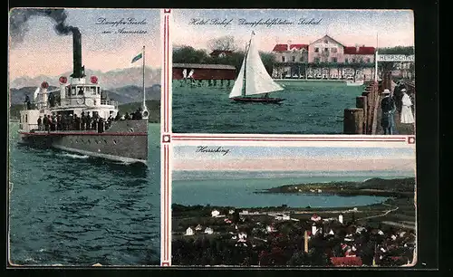 AK Herrsching, Dampfer Gisela am Ammersee, Hotel Seehof, Dampfschiffstation Seebad, Totalansicht