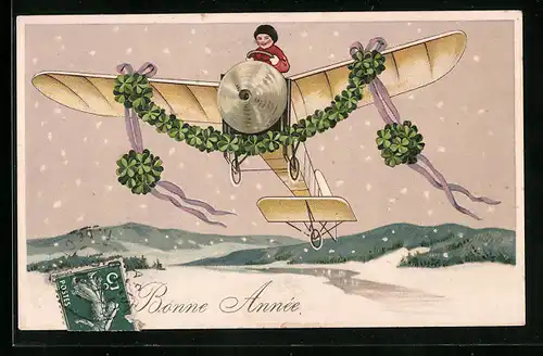 Präge-AK Bonne Année, Kleiner Flugpionier im Flugzeug