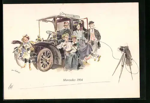 Künstler-AK Stuttgart, Frühzeitliches Automobil der Firma Mercedes 1904