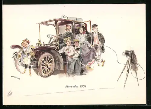 Künstler-AK Stuttgart, Frühzeitliches Automobil der Firma Mercedes 1904