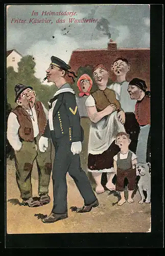 Künstler-AK Im Heimatsdorfe, Fritze Käsebier, das Wundertier, Matrose mit Zigarre
