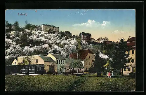 AK Leisnig, Ortsansicht mit blühenden Bäumen