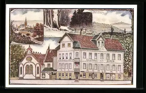 Künstler-AK Oberursel a. T., Gasthaus zum Bären, Ortsansicht, Feldberg
