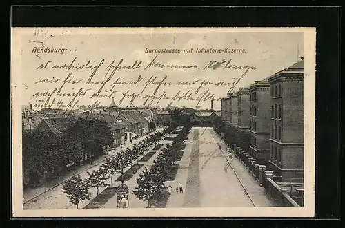 AK Rendsburg, Baronstrasse mit Infanterie-Kaserne aus der Vogelschau