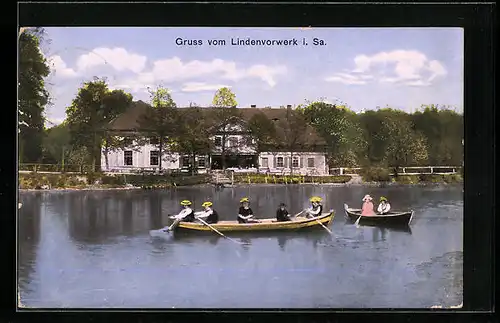 AK Lindenvorwerk /Sa., Bootspartie mit Gasthaus