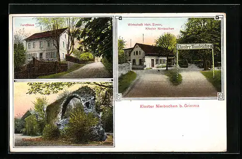 AK Nimbschen bei Grimma, Kloster-Ruine, Gasthaus Simon, Forsthaus