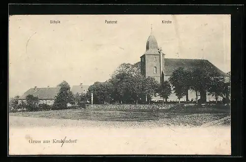 AK Krusendorf, Ortspartie mit Schule, Pastorat und Kirche