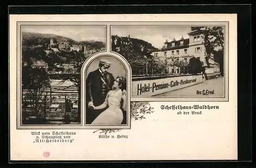 AK Scheffelhaus-Waldhorn, Hotel-Pension-Cafe-Restaurant G. Ernst, Bildnis Käthe und Heinz, Teilansicht