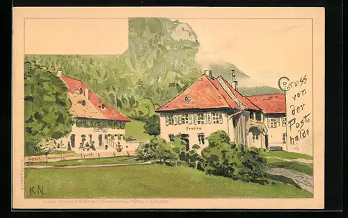 Lithographie Posthalde, Hotel-Pension im Sonnenschein