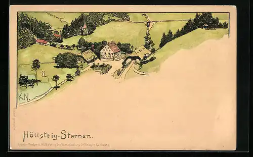 Künstler-AK Höllsteig-Sternen, Ortspartie an Wiesenfläche
