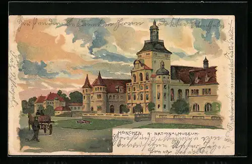 Lithographie München, Nationalmuseum mit Grünanlage