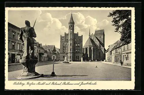 AK Perleberg, Grosser Markt mit Roland, Rathaus und Jacobikirche