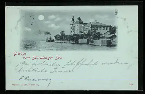 Mondschein-AK Starnberg, Dampferanlegestelle im Hafen