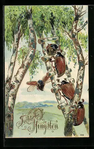 AK Maikäfer auf einer Birken-Leiter, Pfingstgruss