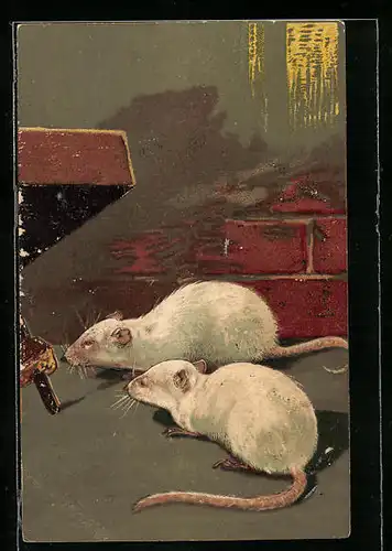 Präge-AK Weisse Mäuse unter einer präparierten Falle