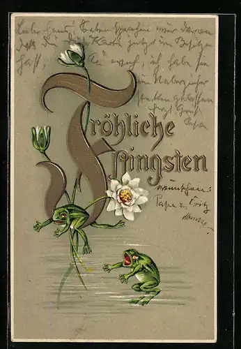 Präge-AK Zwei streitende Frösche und Seerosen, Pfingstgruss