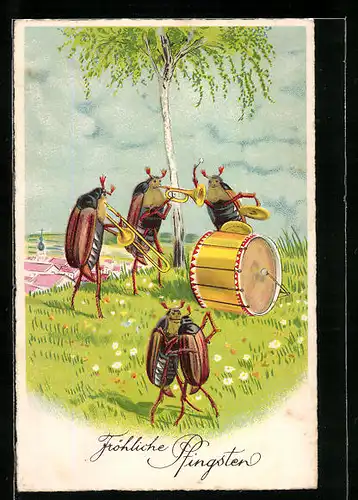 AK Maikäfer beim Tanz mit Posaunen und Pauke, Pfingstgruss