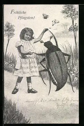 AK Mädchen beim Tanz mit einem Maikäfer, Pfingstgruss