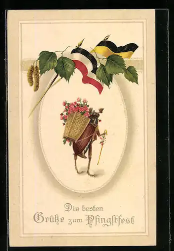 AK Maikäfer mit Blumenkiepe und Wanderstock, Zweibund-Fahnen, Pfingstgruss