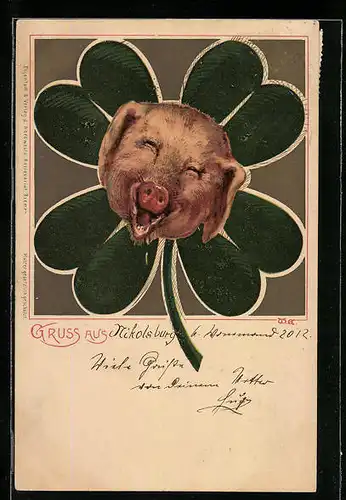 Lithographie Lachender Schweine-Kopf vor vierblättrigem Kleeblatt