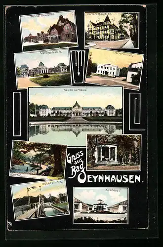 AK Bad Oeynhausen, Neues Kurhaus, Thermal Badehaus II., Herforderstrasse, Brücke am Siel