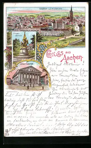 Lithographie Aachen, Panorama vom Pulverturm aus, Krieger-Denkmal, Stadttheater