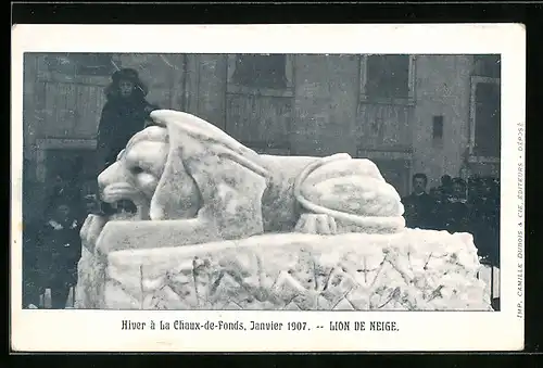 AK La Chaux-de-Fonds, Lion de Neige, Schneeplastik