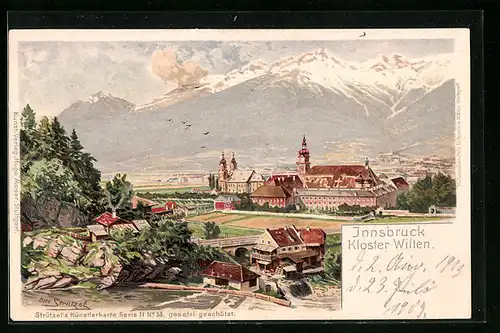 Künstler-AK Otto Strützel: Innsbruck, Kloster Wilten mit Umgebung aus der Vogelschau