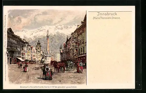 Künstler-AK Otto Strützel: Innsbruck, Maria-Theresien-Strasse mit Passanten und Kutsche