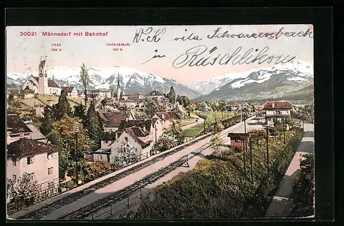 AK Männedorf, Teilansicht mit Kirche und Bahnhof