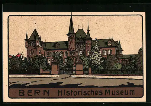 Steindruck-AK Bern, Historisches Museum mit Strasse