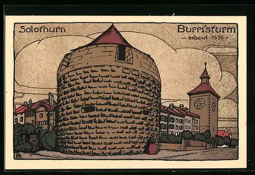 Steindruck-AK Solothurn, Burristurm mit Kirche und Strasse