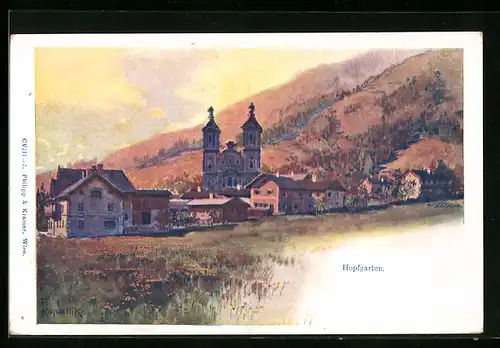 Künstler-AK Franz Kopallik: Hopfgarten, Ortspartie mit Kirche