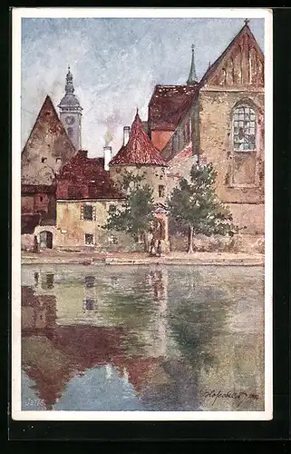 Künstler-AK E.F. Hofecker: Budweis, Partie an der Maltsch