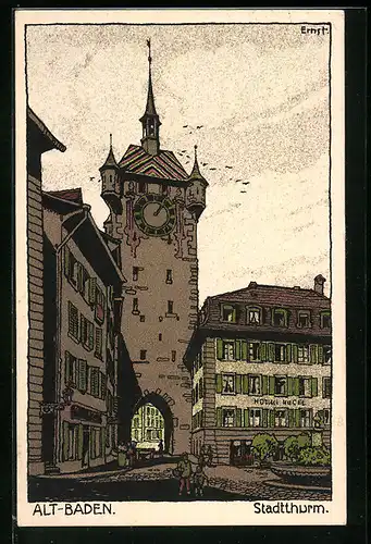 Steindruck-AK Baden, Stadtthurm in der Altstadt
