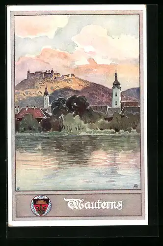 Künstler-AK Deutscher Schulverein Nr. 178: Mautern, Blick vom Fluss auf den Ort