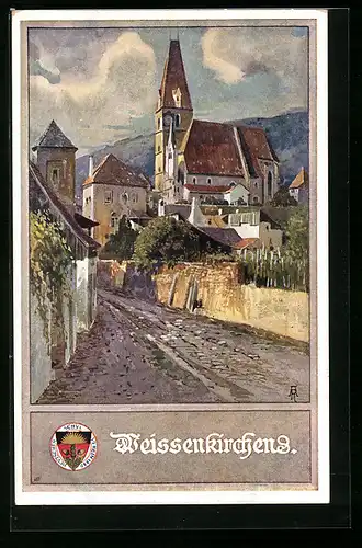 Künstler-AK Deutscher Schulverein Nr. 162: Weissenkirchen, Strassenpartie mit Blick zur Kirche