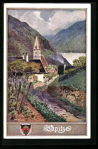 Künstler-AK Deutscher Schulverein Nr. 173: Spitz, Teilansicht mit Kirche